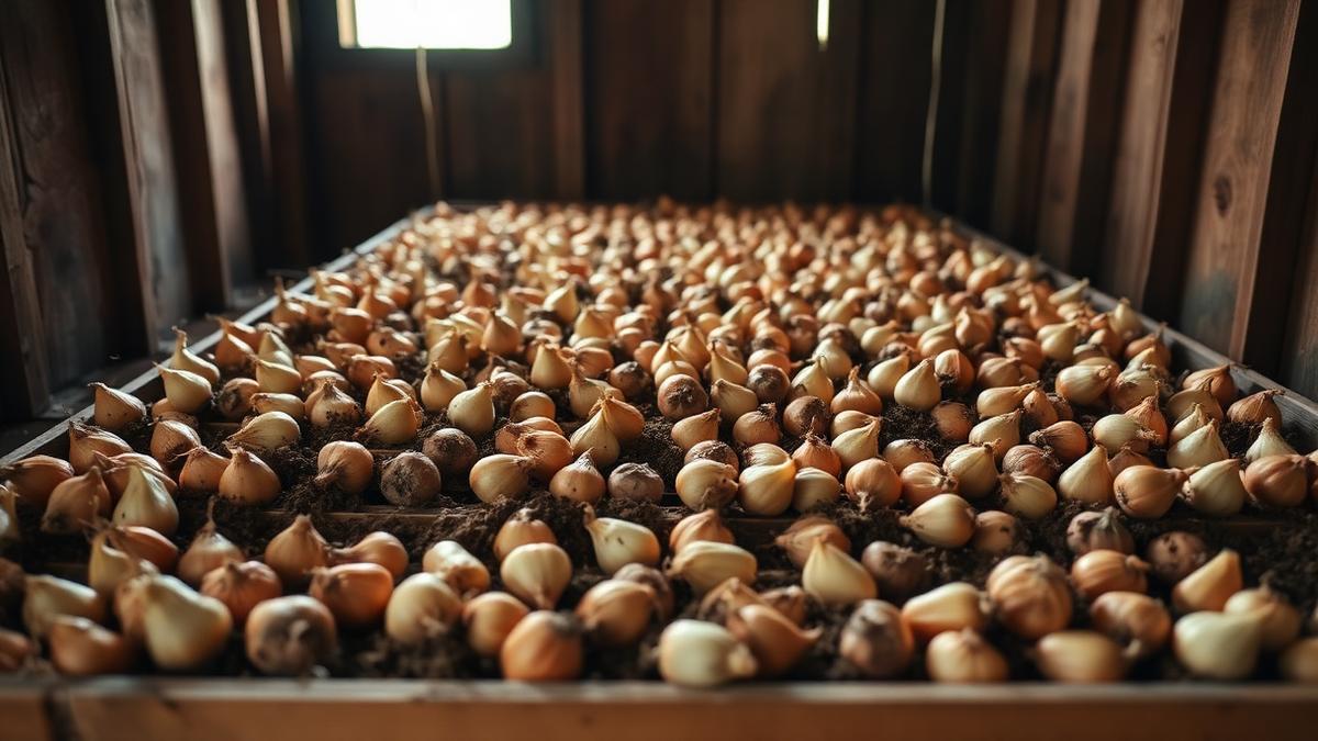 Tulpju sīpoli izklāti vienā kārtā uz koka režģa vēsā, ēnainā šķūnī žāvēšanai