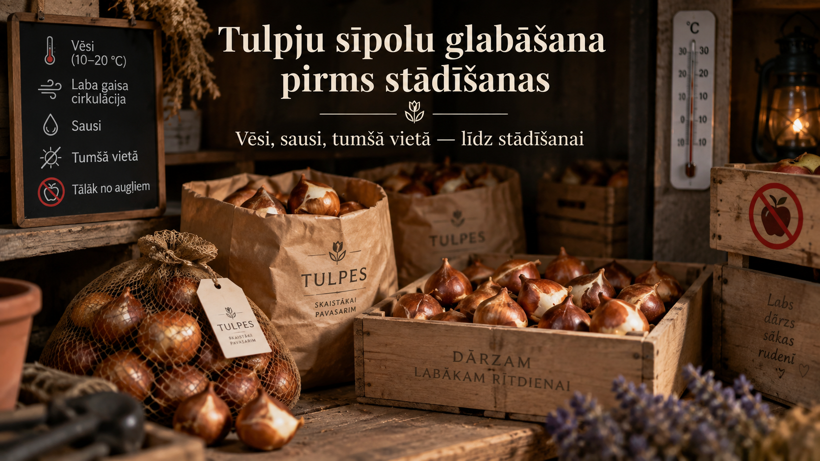 Tulpju sīpolu glabāšana papīra maisos un koka kastēs pirms rudens stādīšanas