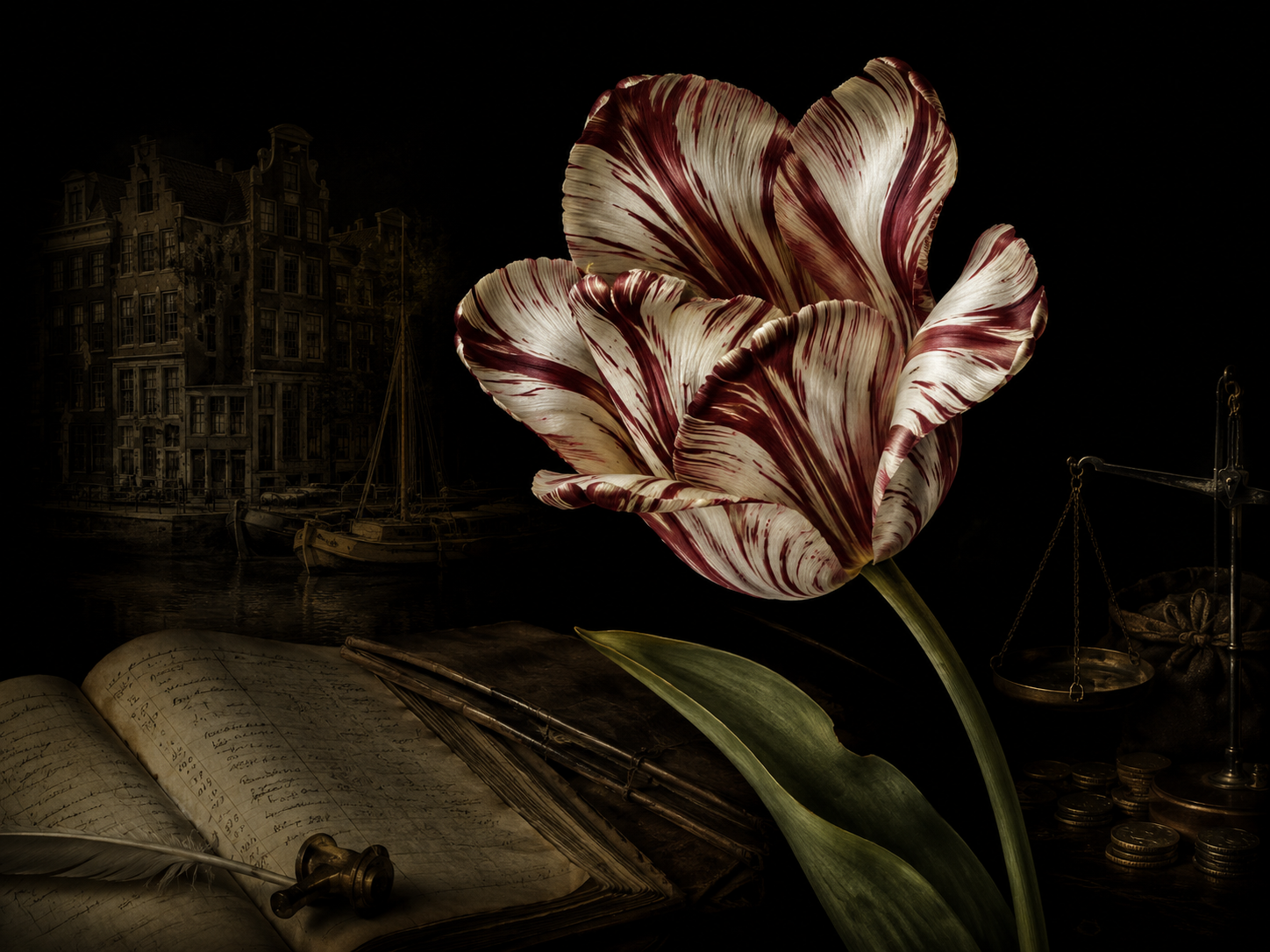 Svītraina Semper Augustus tulpe, grāmata ar ierakstiem, monētas un Nīderlandes kanālmāju siluets